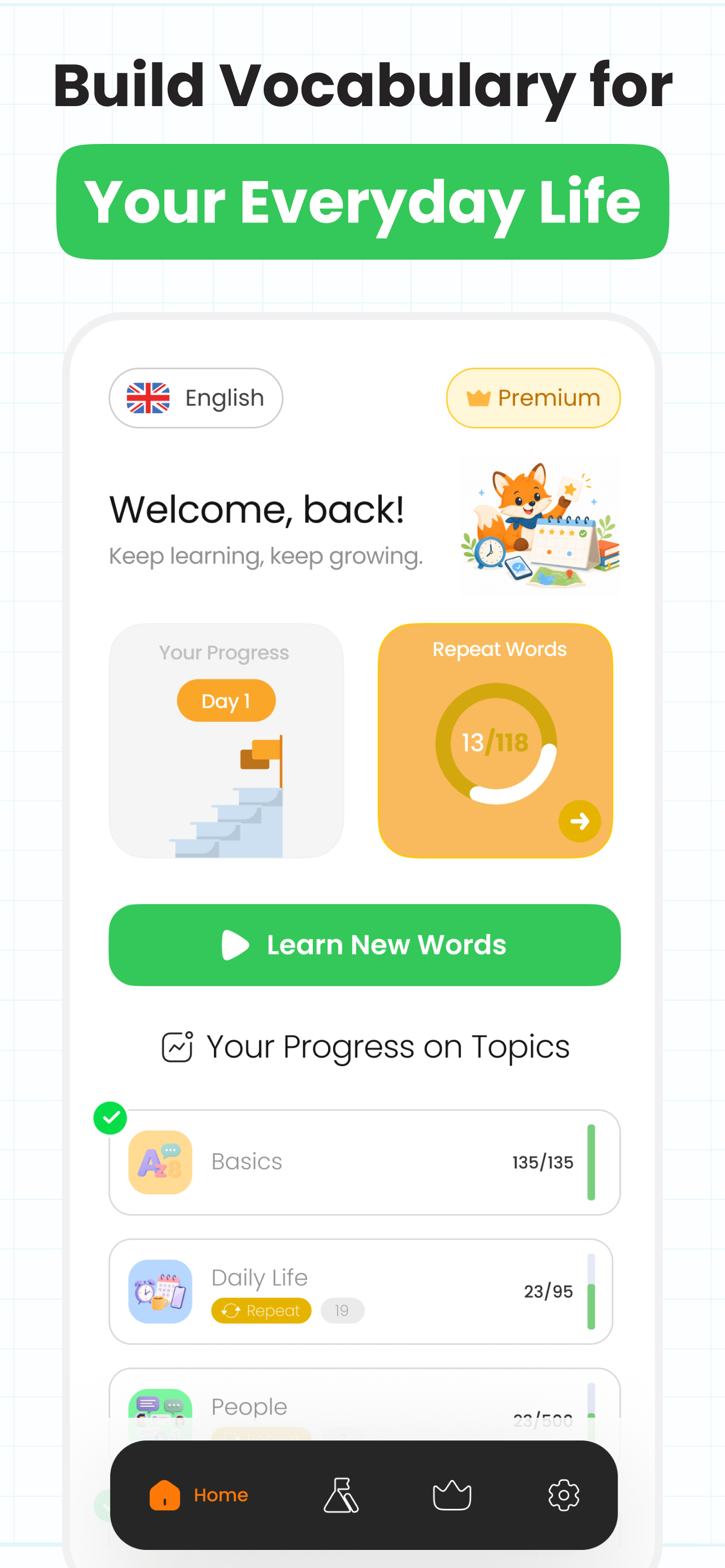 KarmiloFox home screen with topics and progress