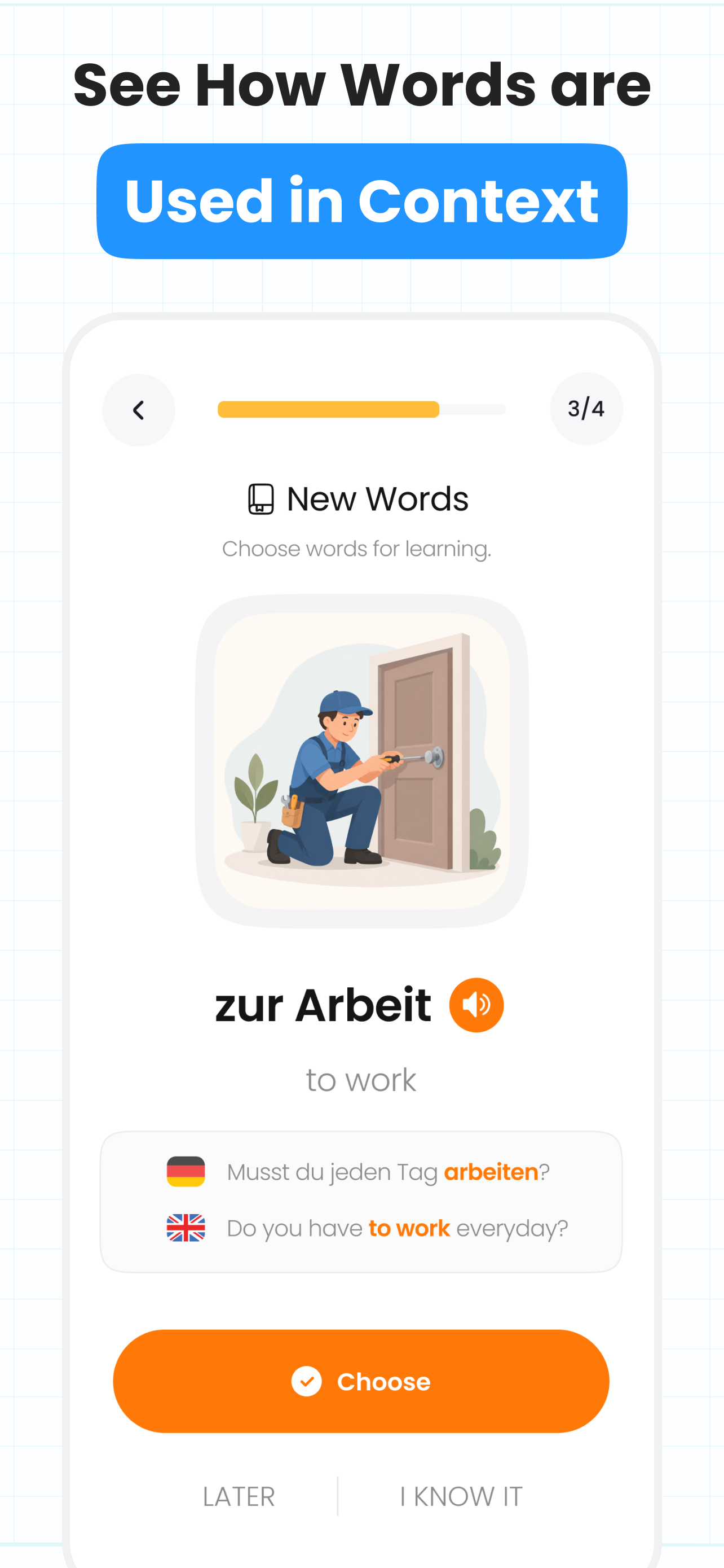 Vocabulary card with an image, translation, audio, and example sentences